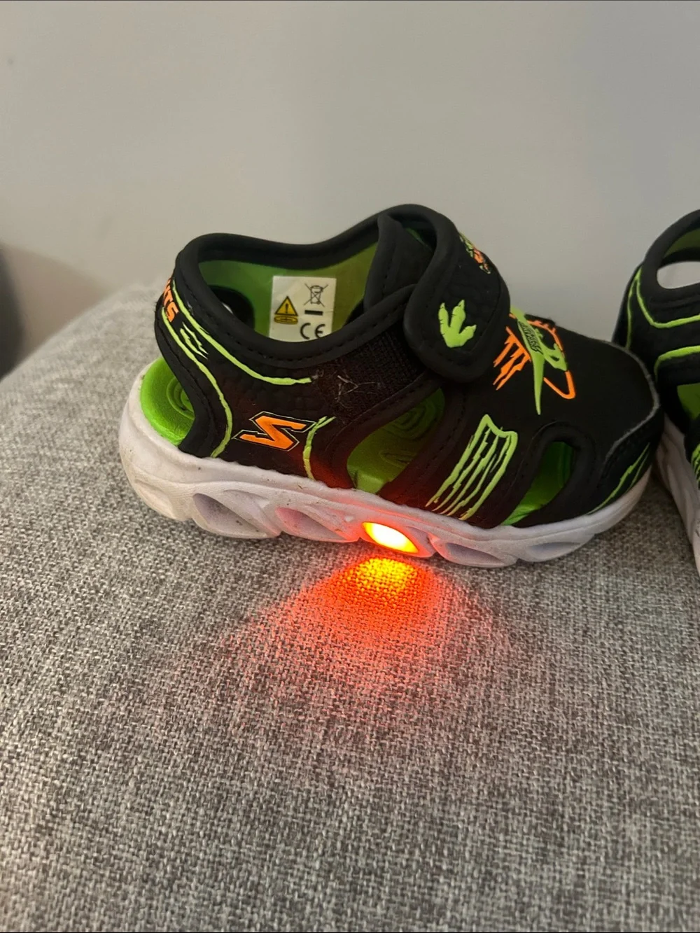 Skechers Kids Black and Neon Green Dinosaur Sandals